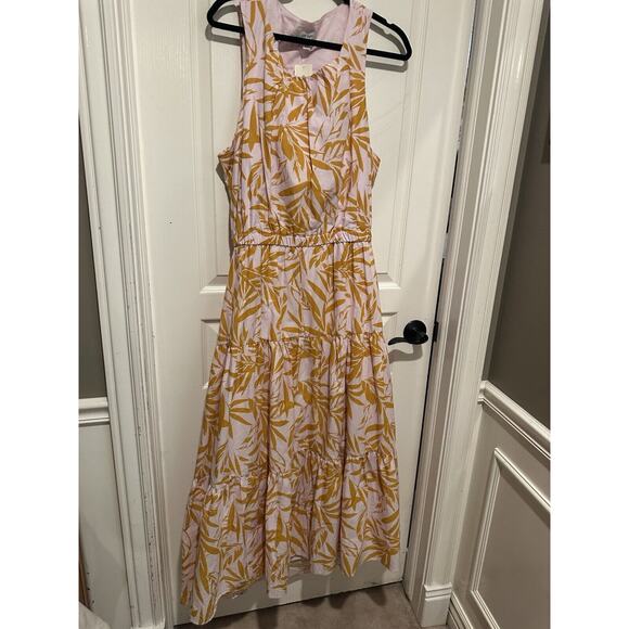 On-34th XXL Pink and Yellow Leaf Print Summer Midi Dress, Open Back, NWT - Picture 4 of 16